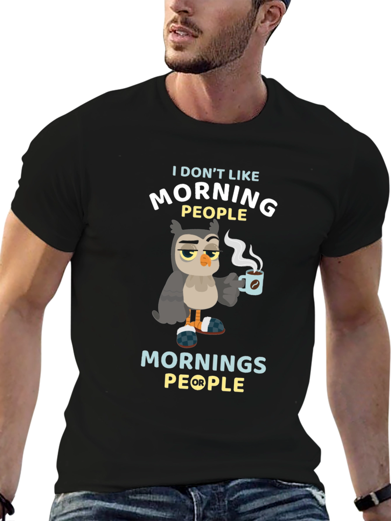 Black Funny Owl Coffee T-Shirt - I Don't Like Morning People view 6