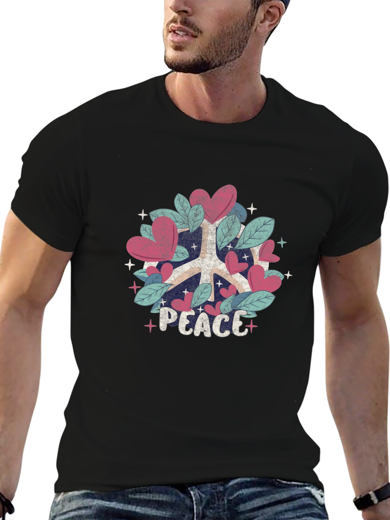Black Peace Sign Heart & Leaves T-Shirt view 6