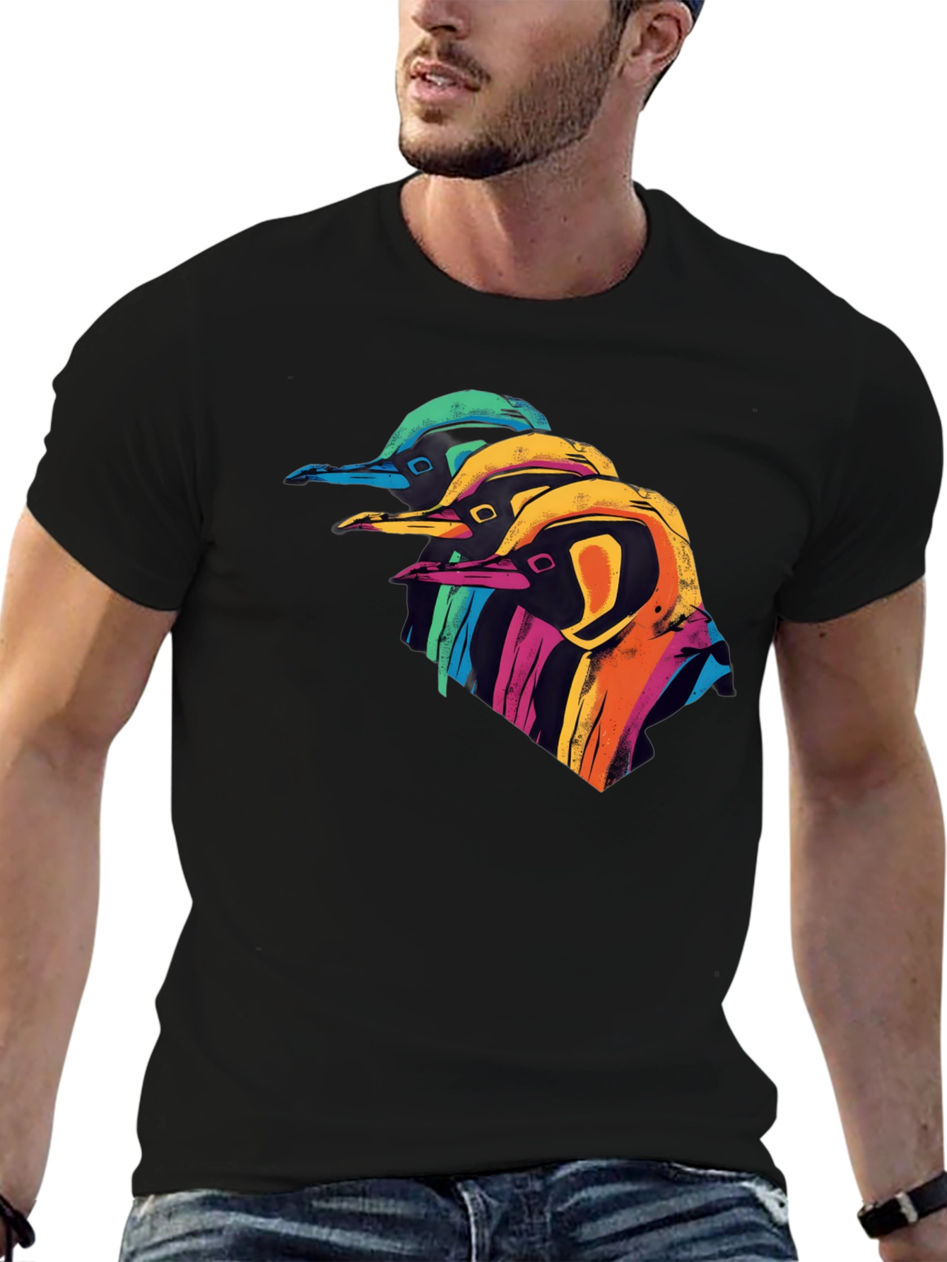 Black Colorful Penguin Graphic Black T-Shirt view 6