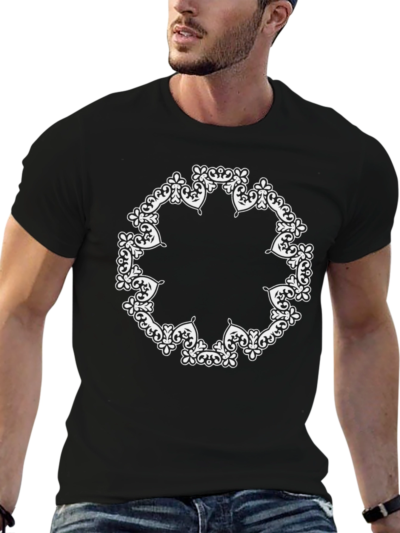 Black Ornate Circle Graphic Black T-Shirt view 6