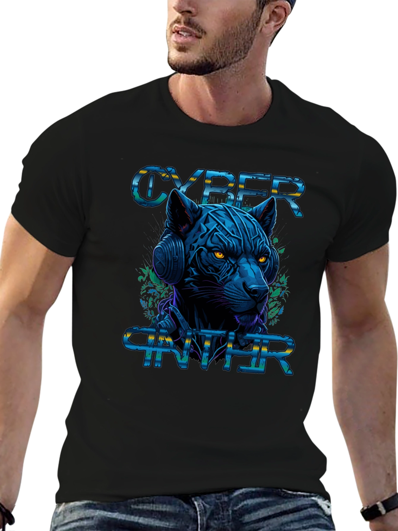 Black Cyber Panther Graphic Tee - Stylish Black T-Shirt view 6