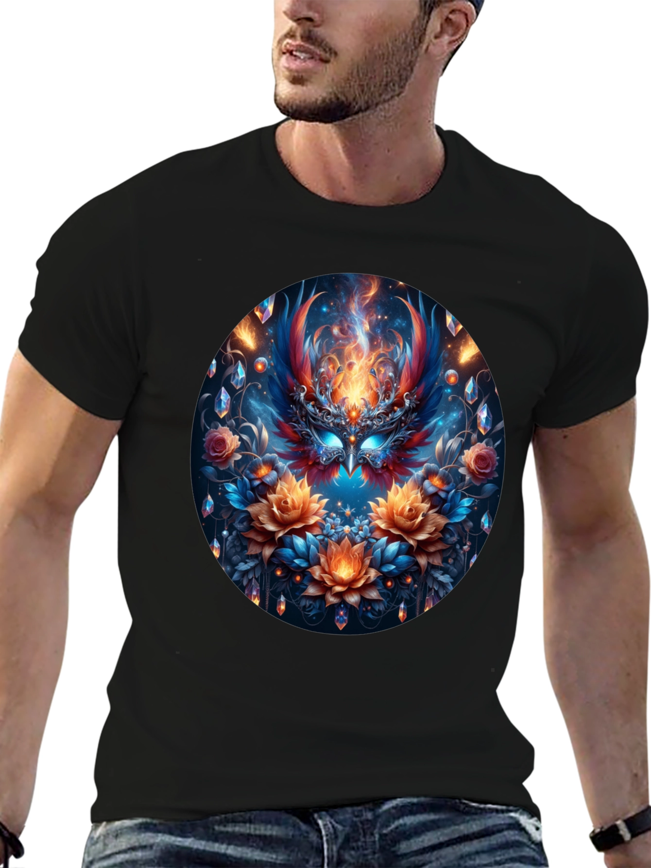 Black Phoenix Floral Art Black T-Shirt view 6