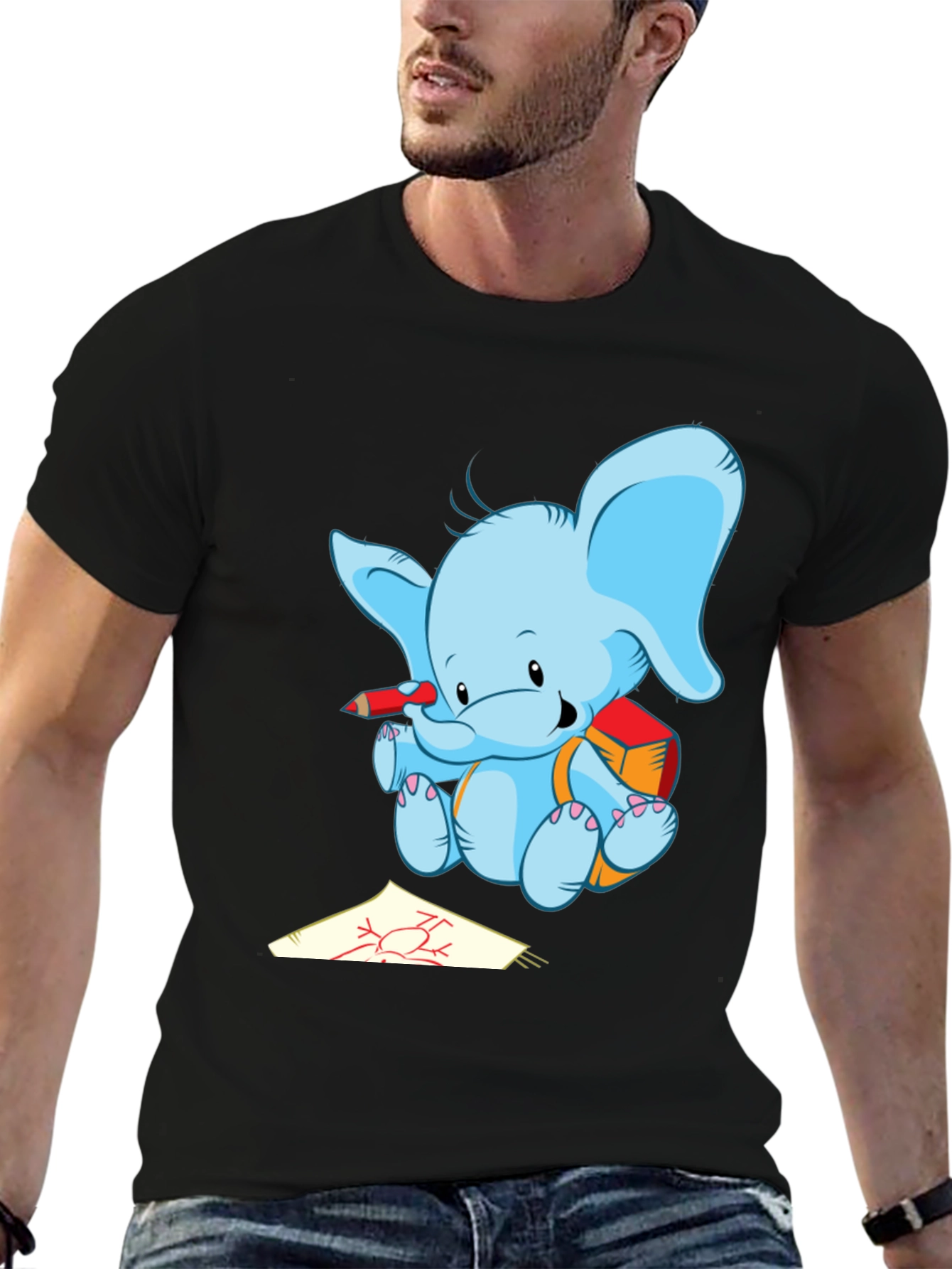 Black Cute Elephant Drawing T-Shirt view 6