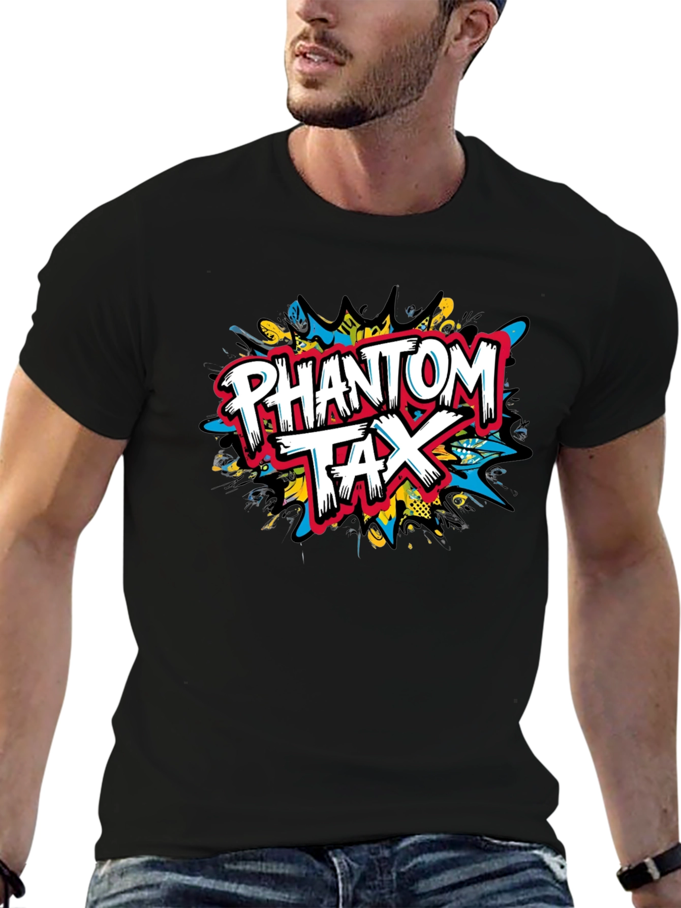 Black Phantom Tax Graphic Tee - Bold Design, Black Cotton Comfort view 6