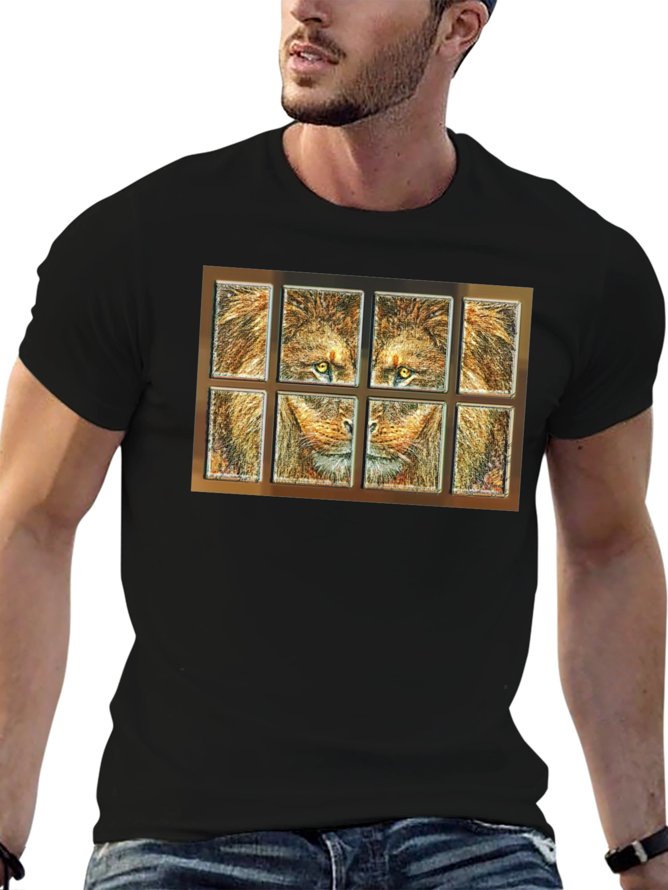 Black Lion Face Panel T-Shirt - Unique Graphic Tee view 6