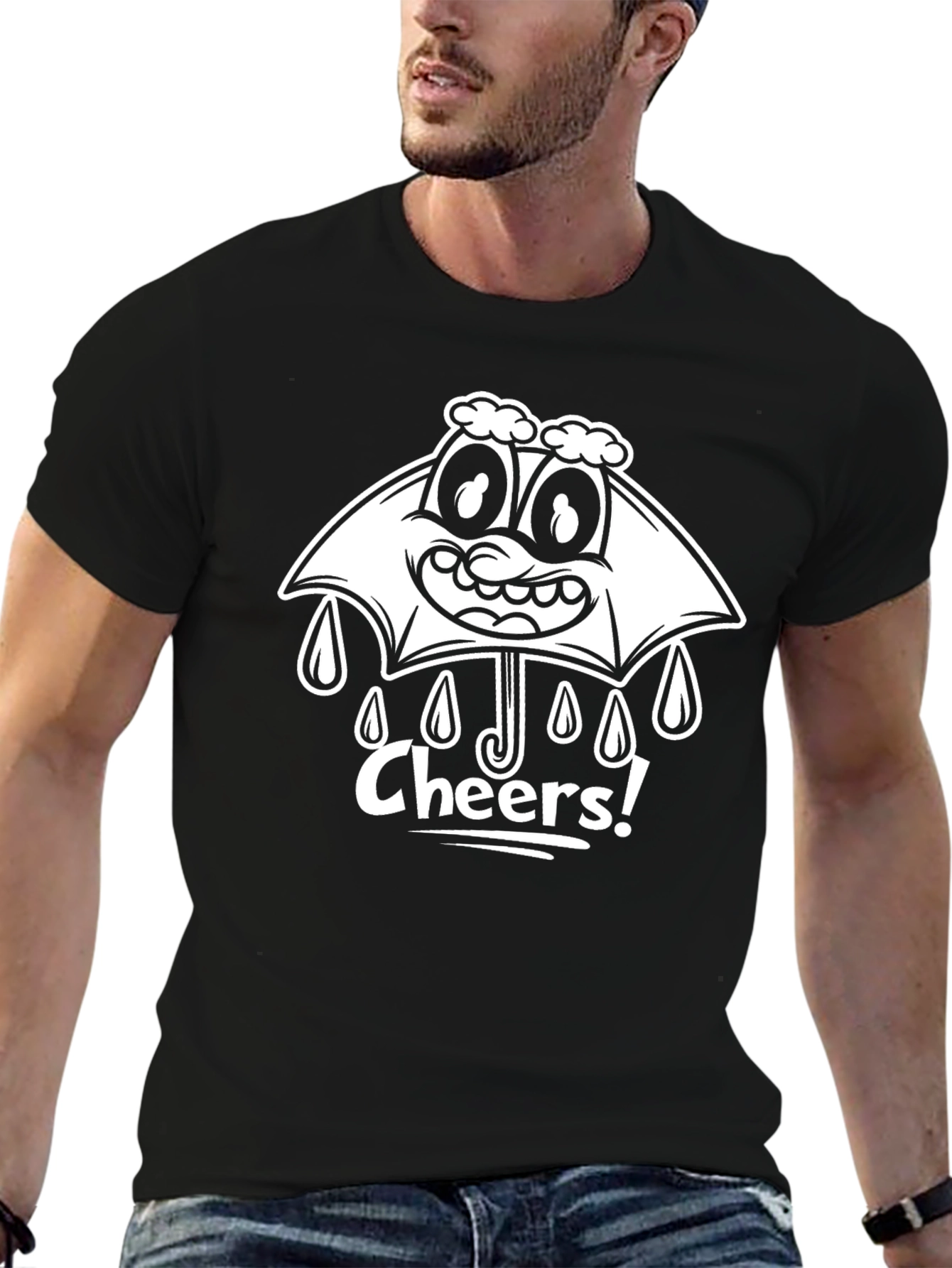 Black Cheers Umbrella Cartoon Graphic Black T-shirt view 6