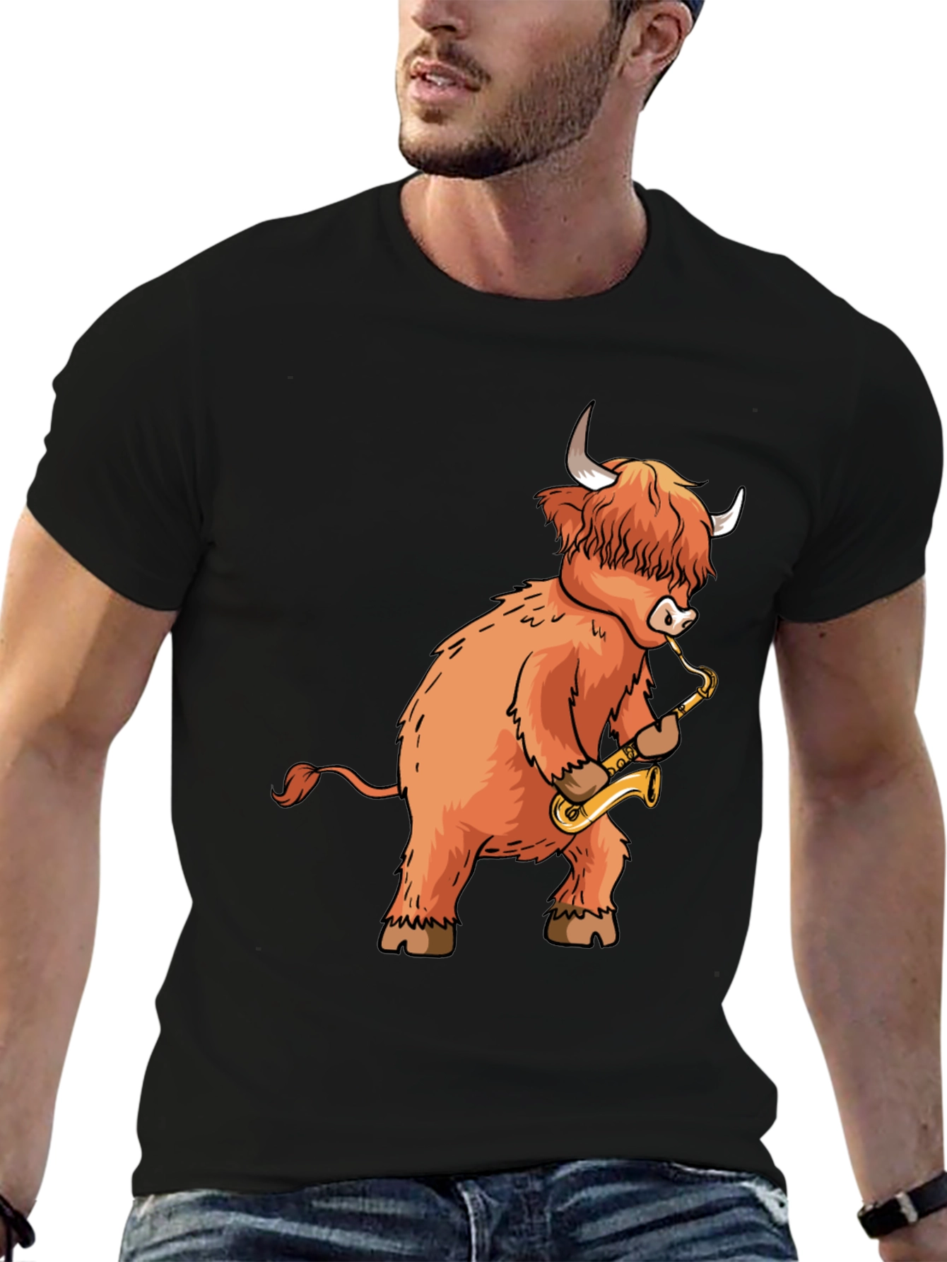 Black Highland Cow Saxophone T-Shirt - Funny Music Tee view 6