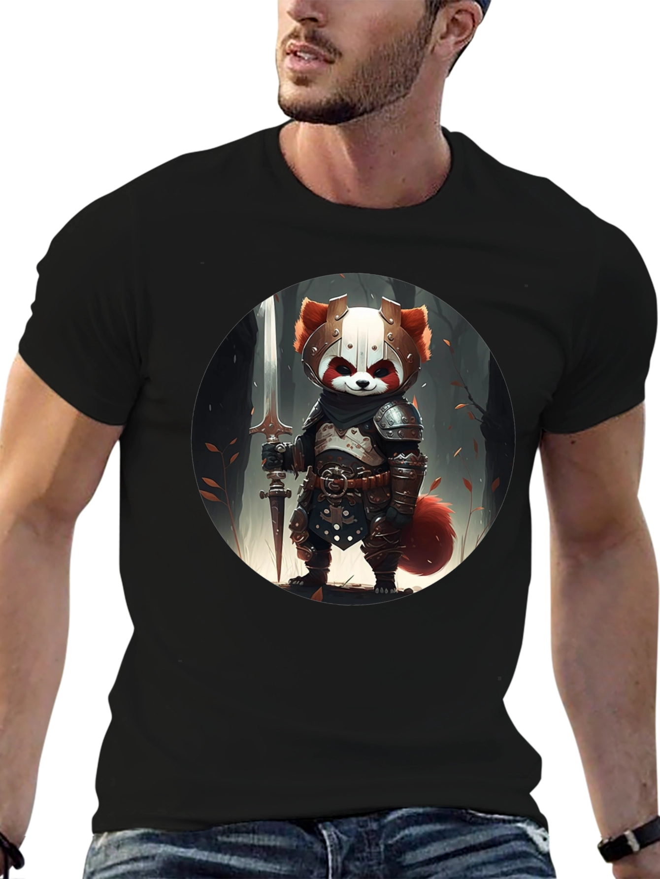 Black Red Panda Knight Graphic Tee - Unique Black T-Shirt view 6