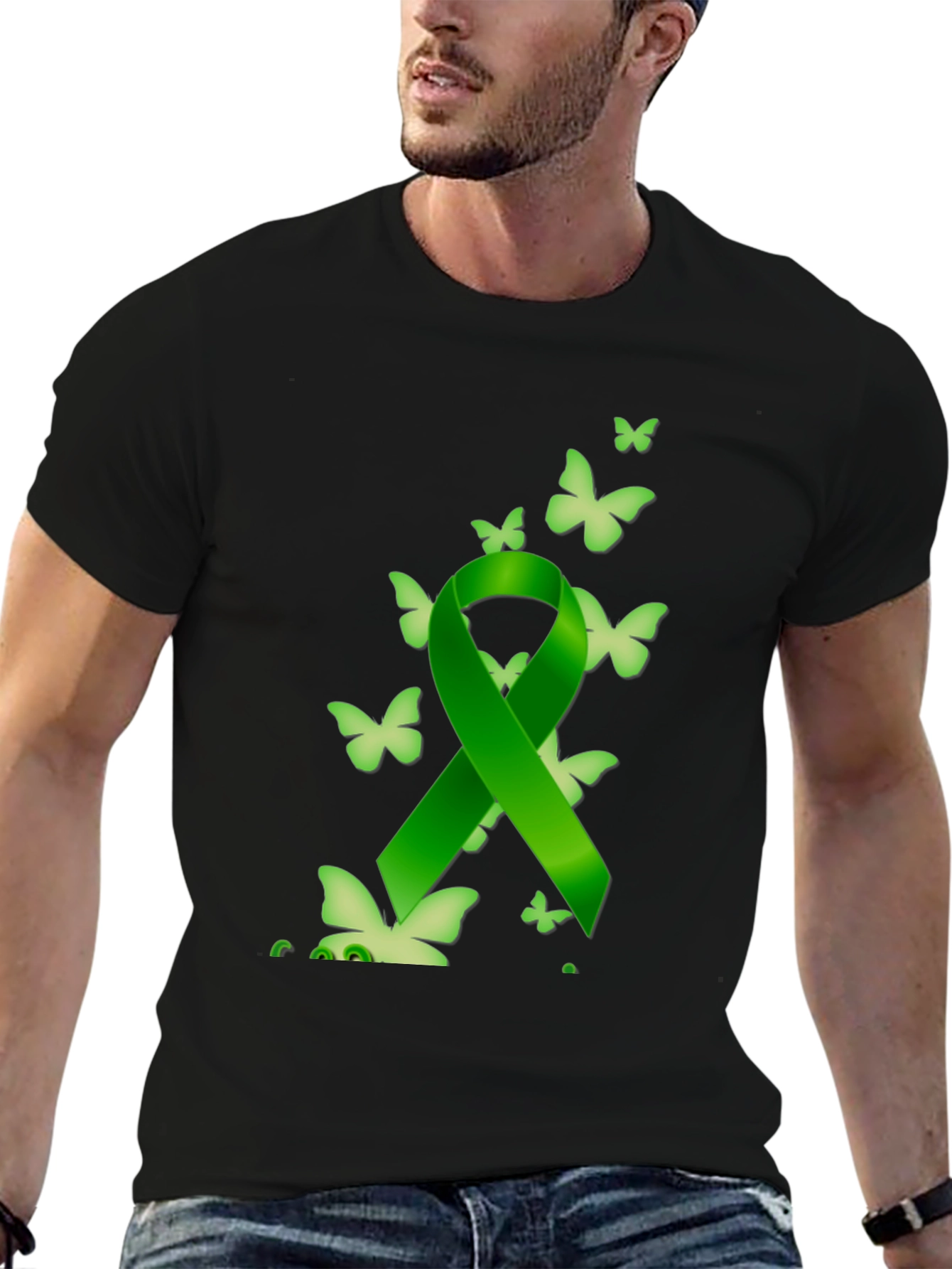 Black Green Ribbon Butterfly Black T-Shirt view 6