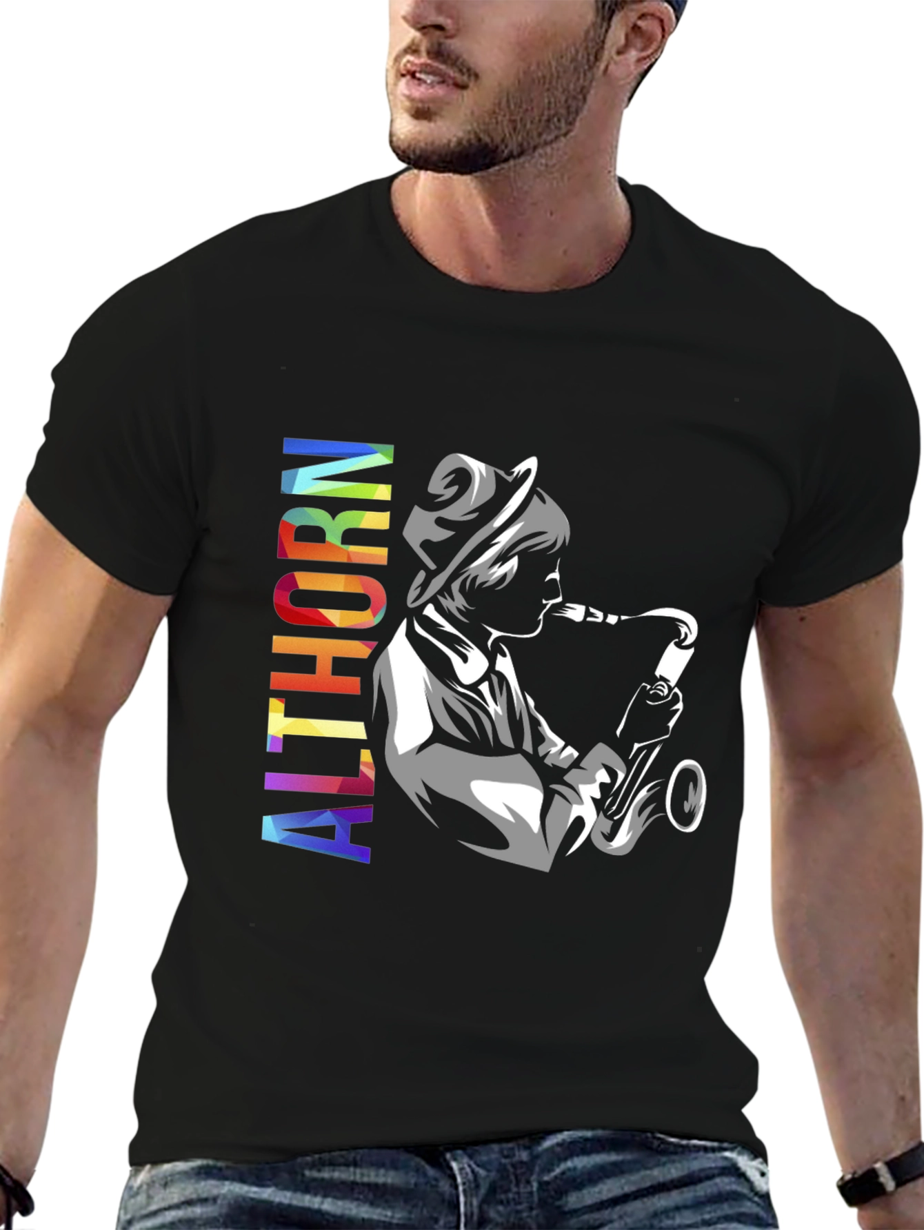 Black Althorn Saxophone Player Graphic T-Shirt view 6