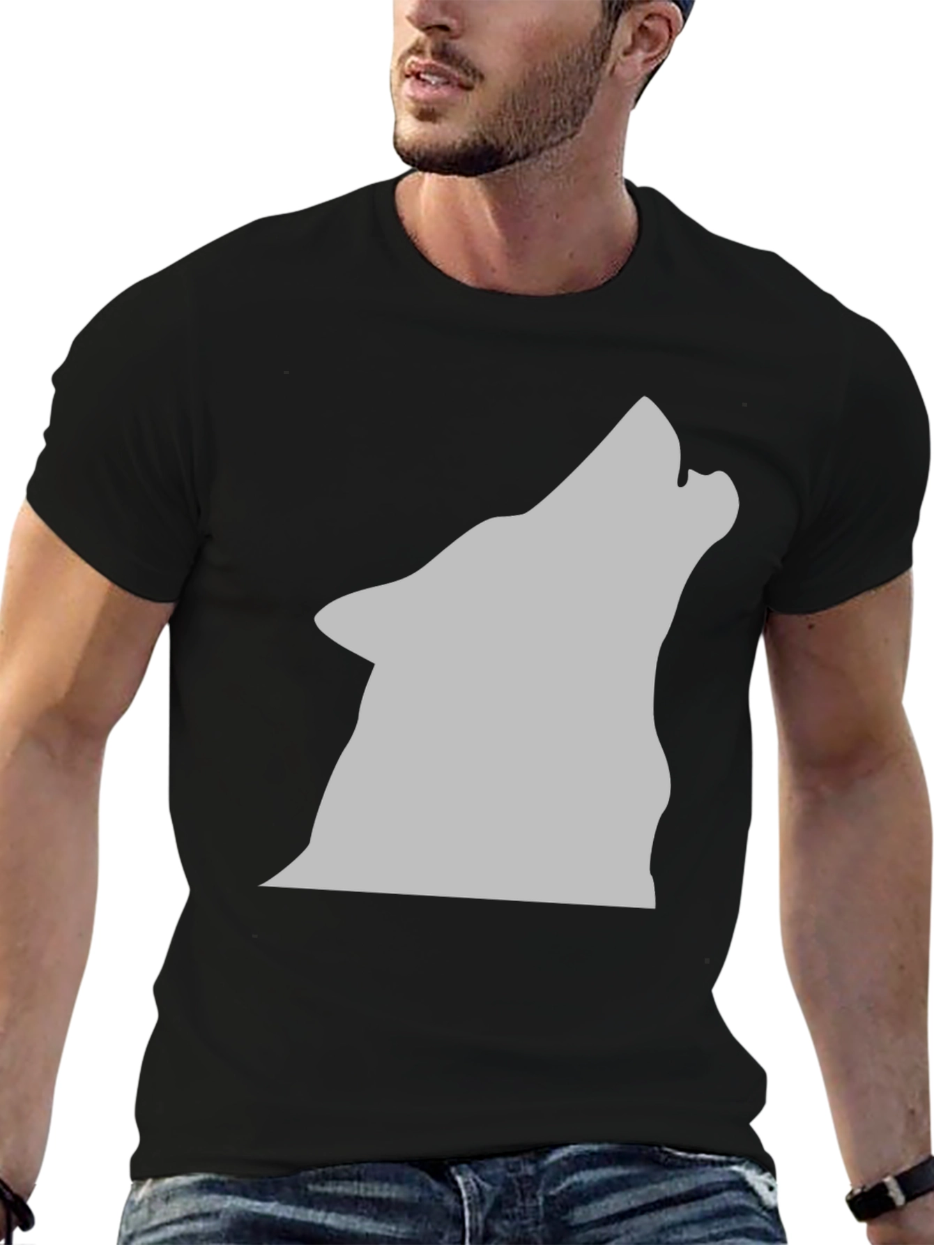 Black Wolf Silhouette Graphic Tee - Black Cotton T-Shirt view 6