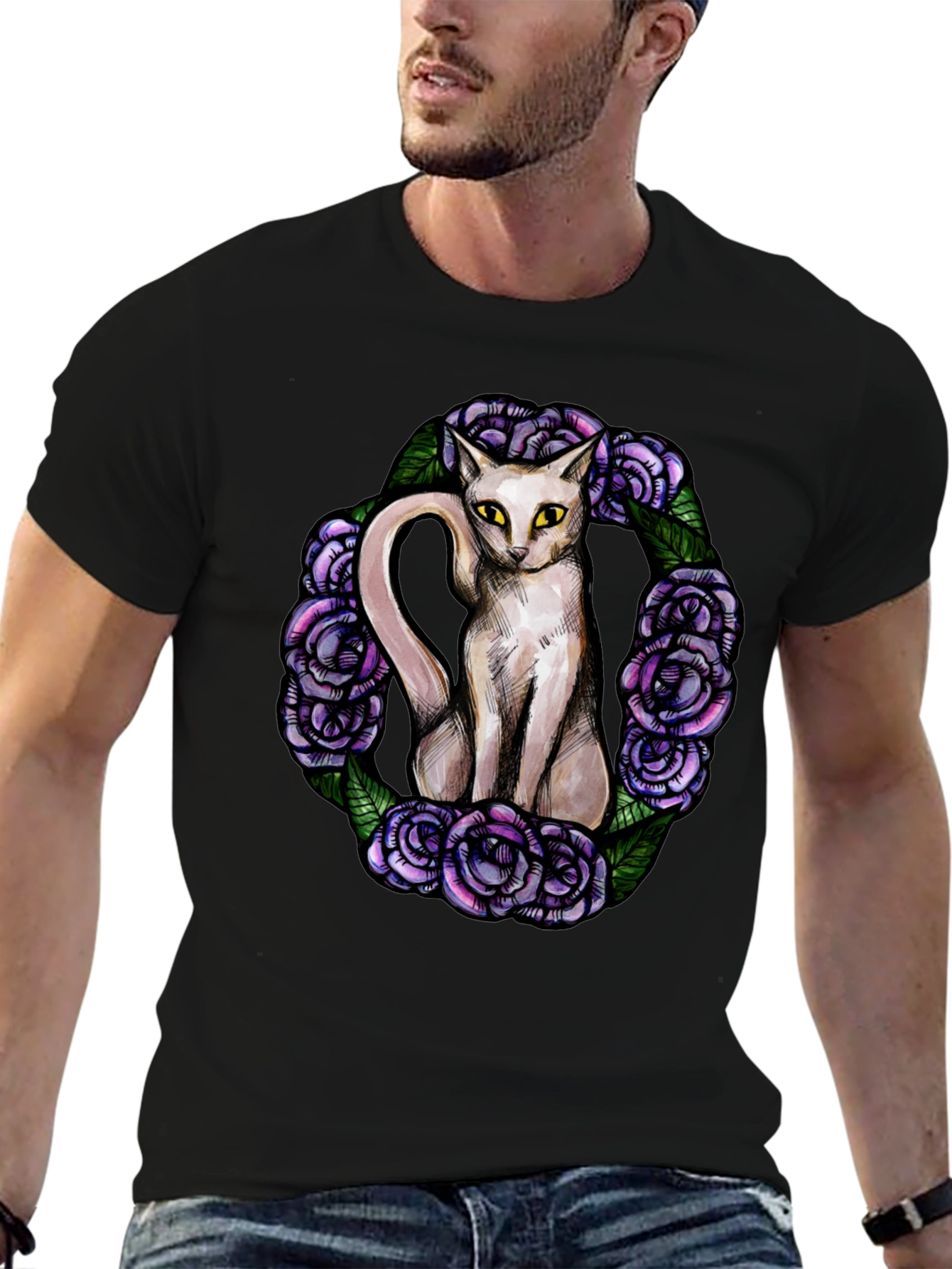 Black Cat & Rose Wreath Graphic T-Shirt view 6