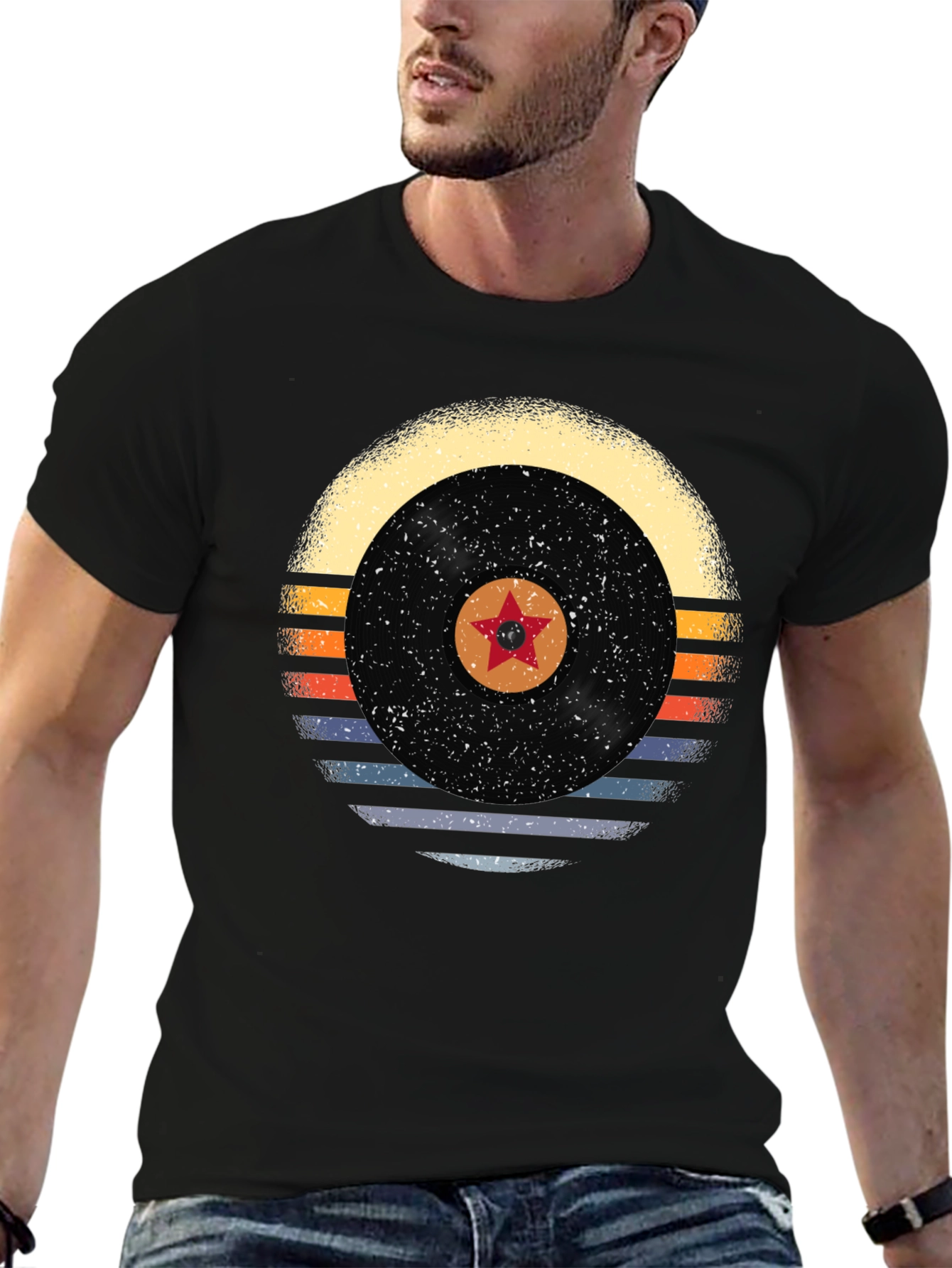 Black Retro Vinyl Record Star Graphic Tee view 6