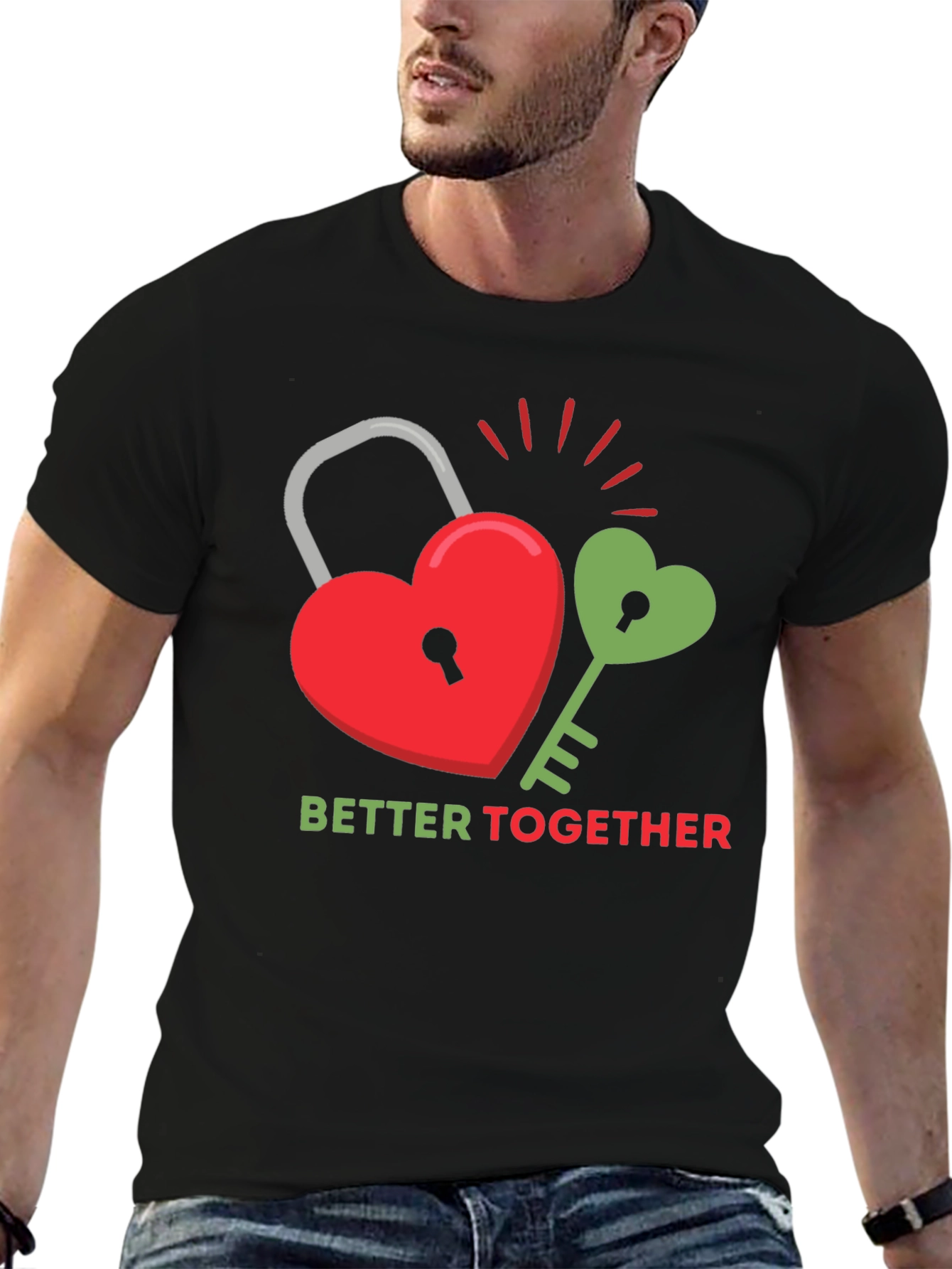 Black Better Together Graphic Tee - Heart Lock and Key Design view 6