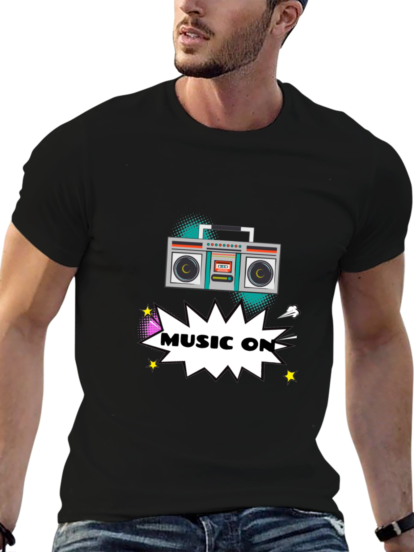 Black Retro Boombox Music On Graphic T-Shirt view 6