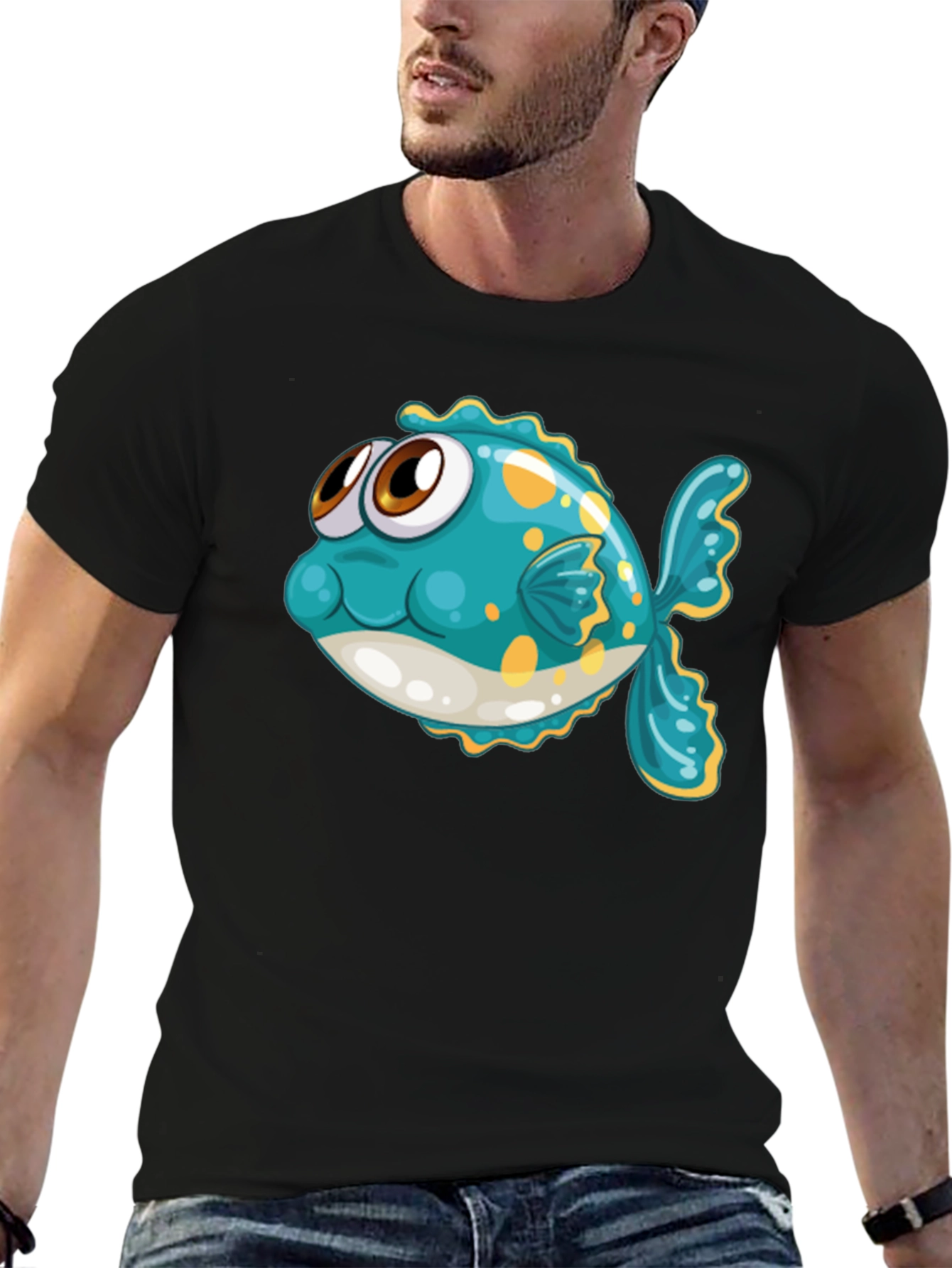 Black Cartoon Fish Graphic Tee - Black Cotton T-Shirt view 6