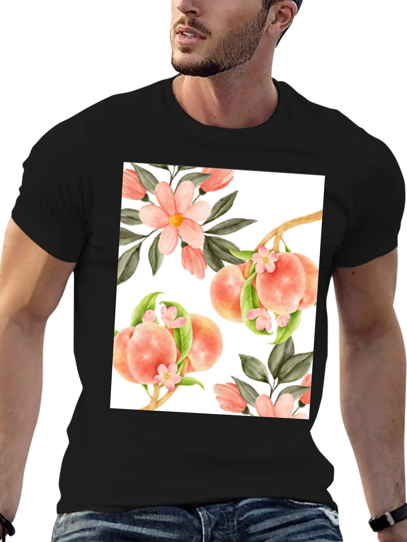 Black Peach Floral T-Shirt - Unique Design view 6