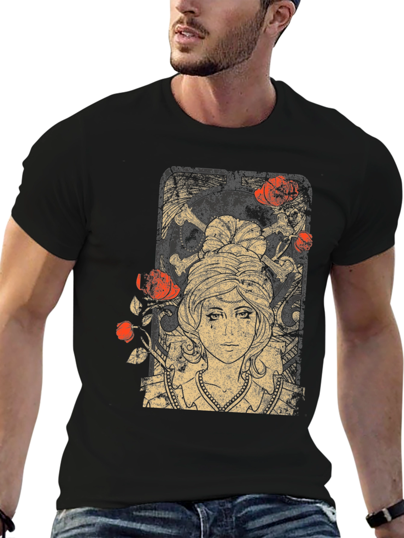 Black Gothic Maiden T-Shirt: Roses & Skulls view 6