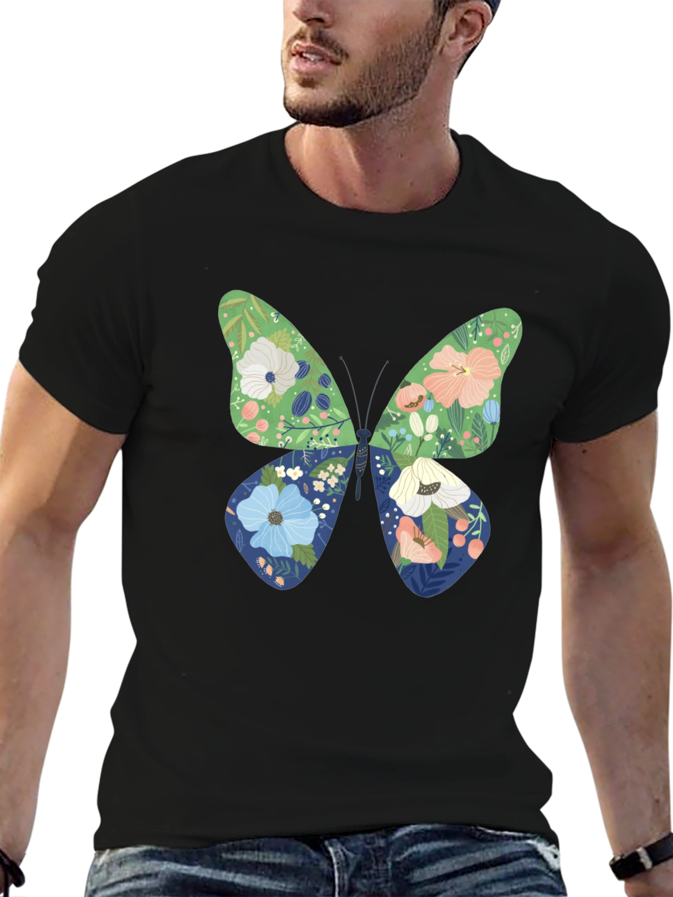 Black Floral Butterfly Graphic Black T-Shirt view 6