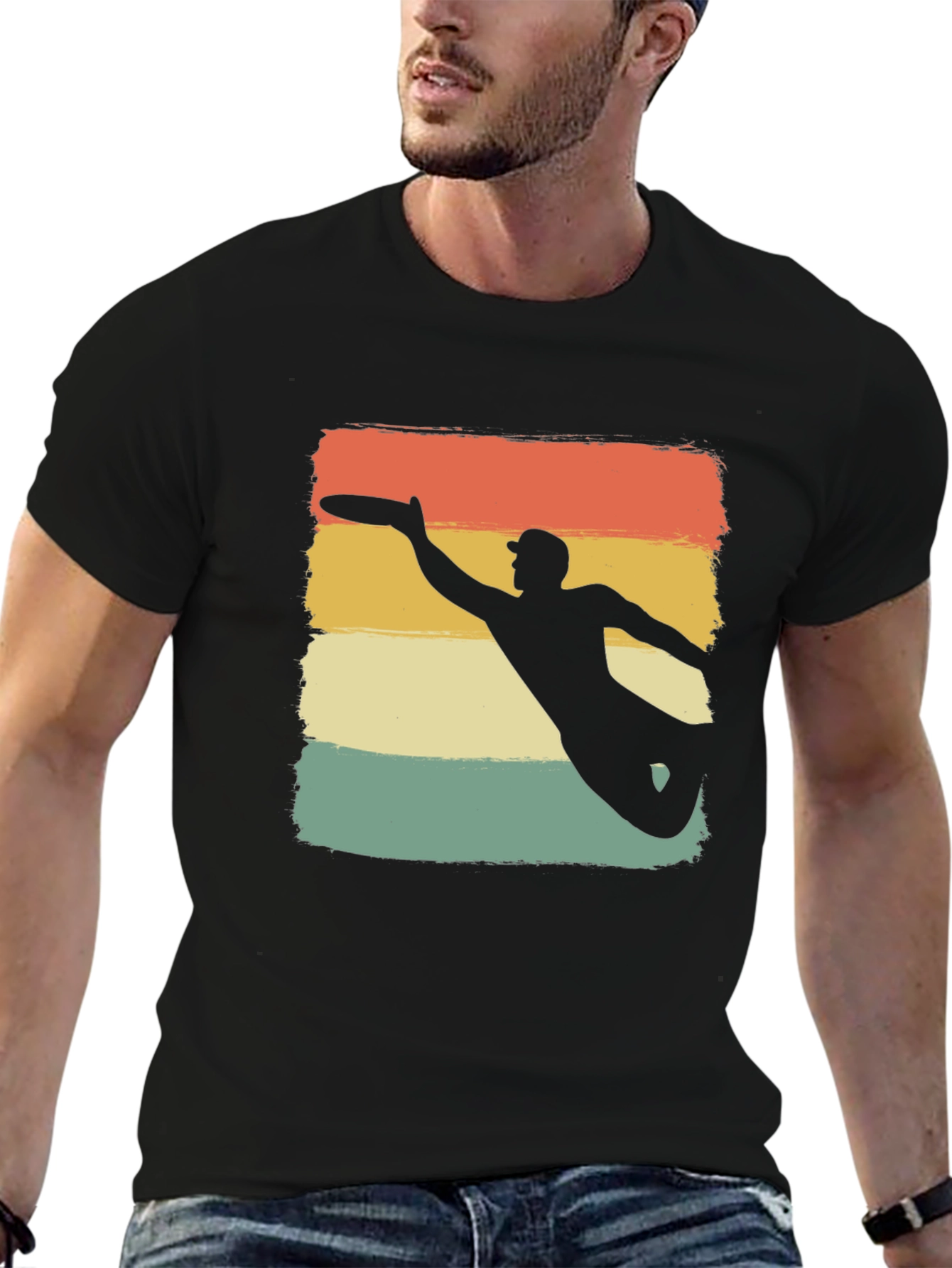 Black Retro Ultimate Frisbee Silhouette T-Shirt view 6