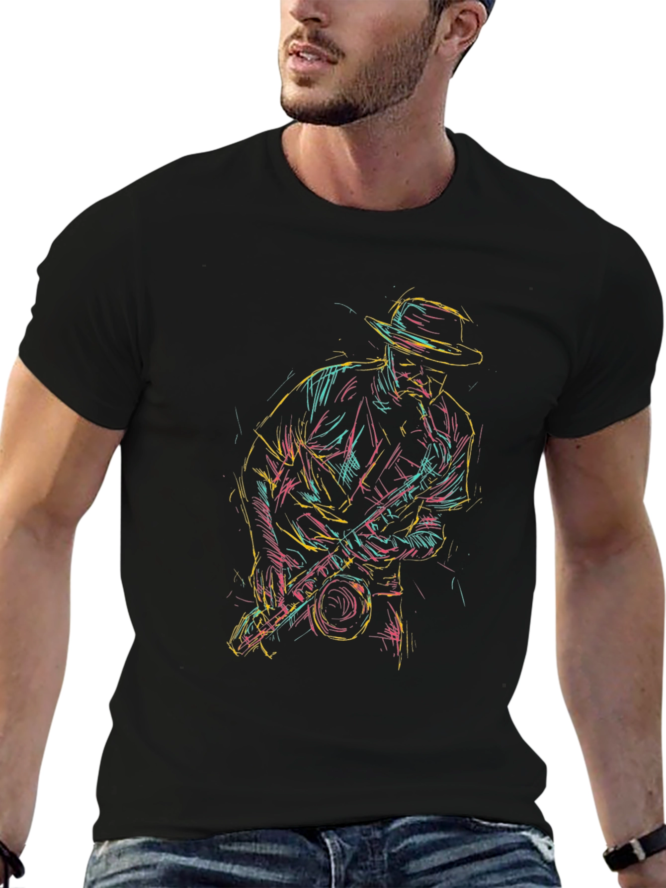 Black Saxophone Player Graphic Tee - Black Cotton Shirt view 6