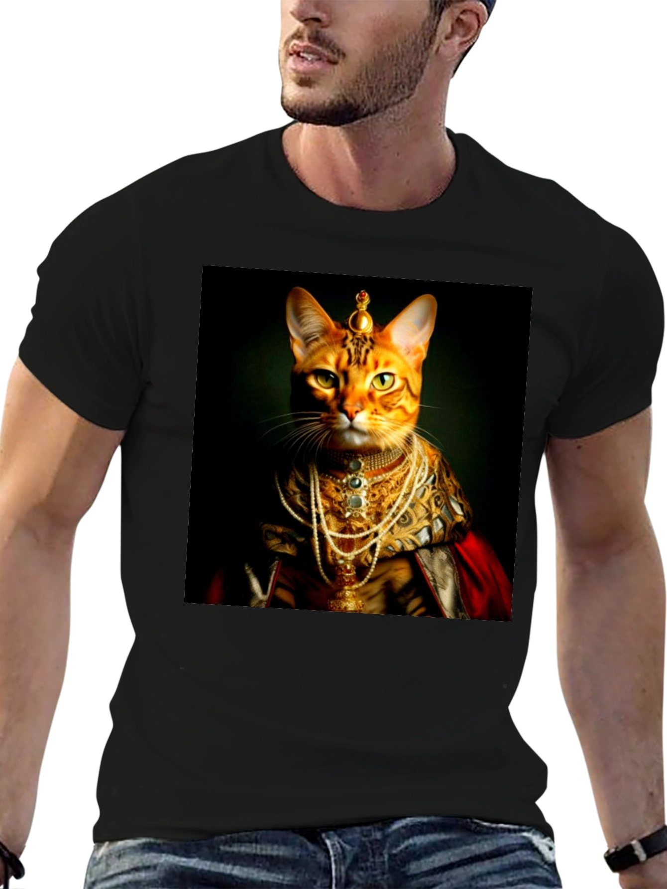 Black Regal Cat T-Shirt: Royal Feline Portrait Tee view 6