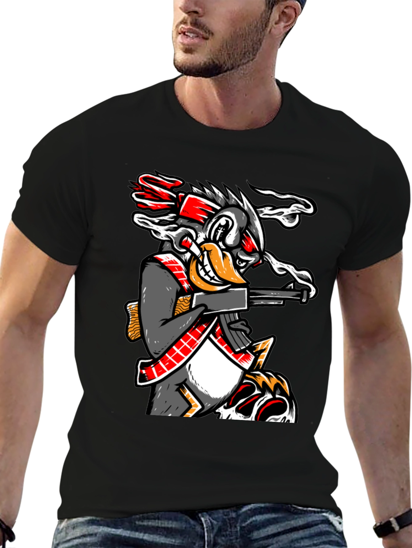 Black Cartoon Duck With Gun Graphic T-Shirt view 6