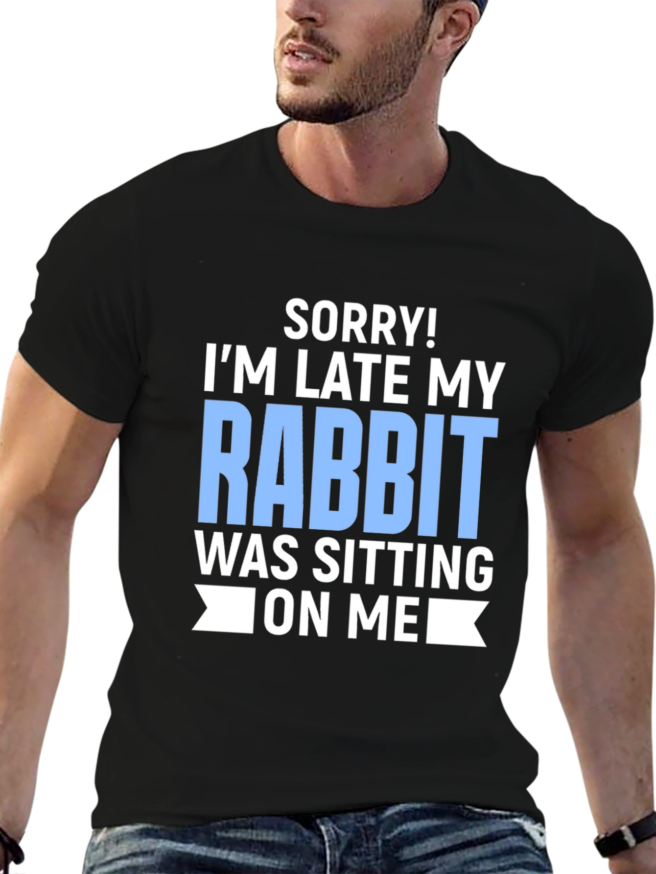 Black Funny Rabbit T-Shirt: Sorry I'm Late! view 6