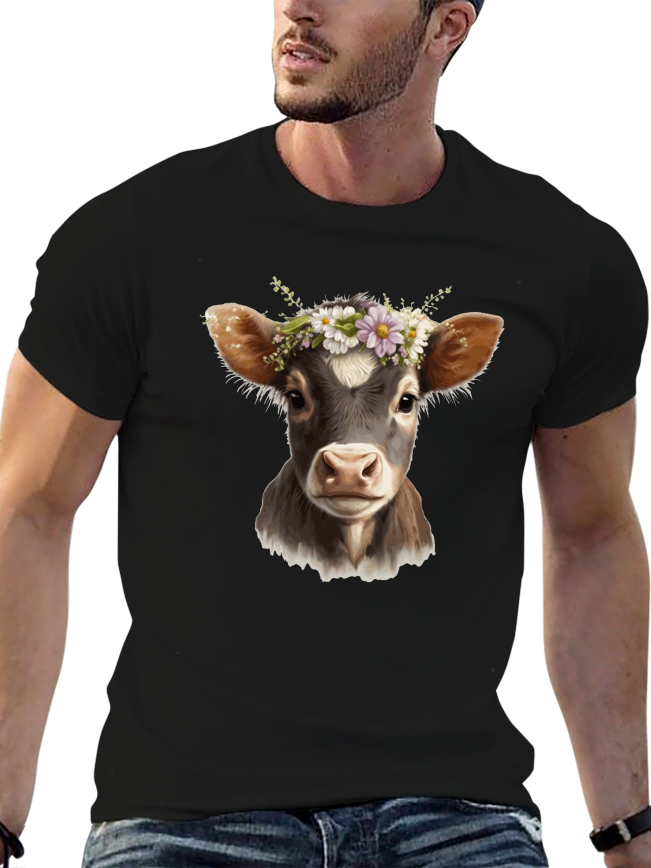 Black Cow with Flower Crown Black T-Shirt view 6