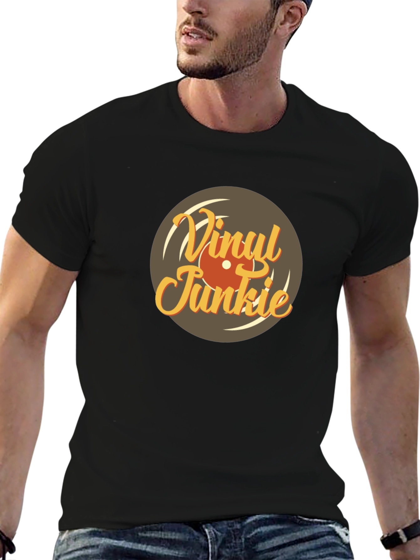 Black Vinyl Junkie Graphic Tee - Retro Music Lover T-Shirt view 6