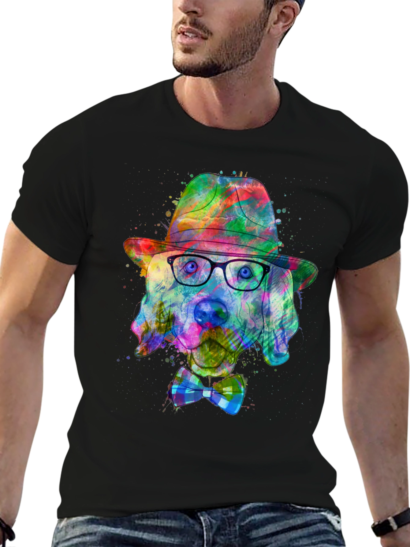 Black Dog Art T-Shirt - Watercolor Dog with Hat & Bowtie view 6