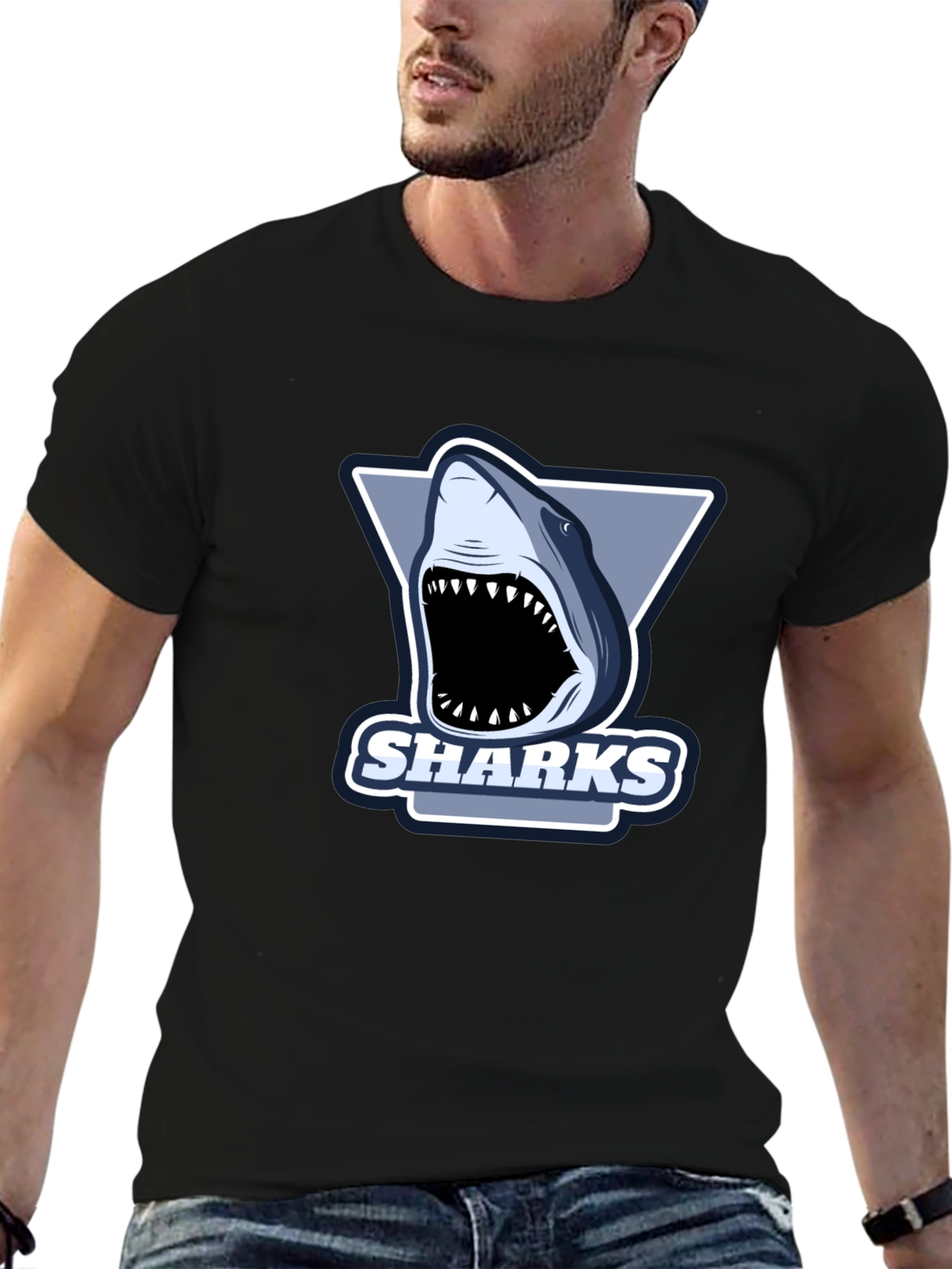 Black Men's Black Shark Graphic T-Shirt view 6