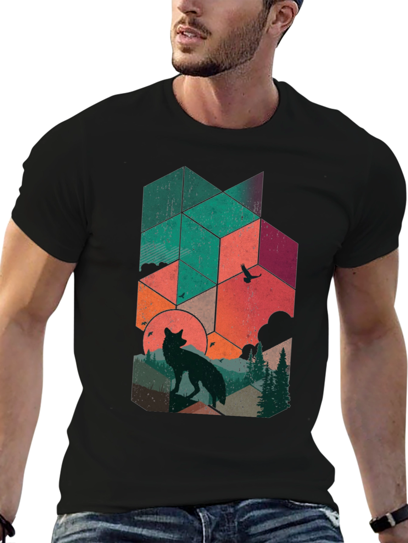 Geometric Wolf Graphic Tee - Nature Inspired Design - 6