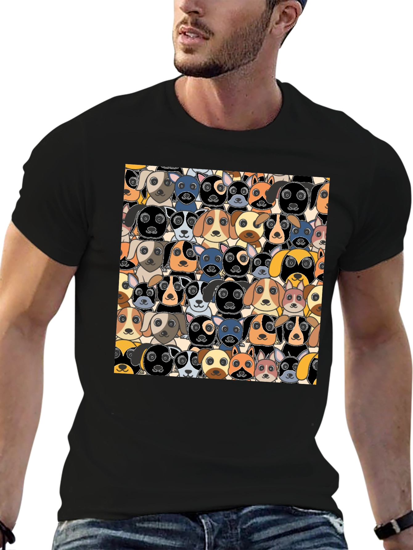 Black Cartoon Dog Faces Pattern T-Shirt view 6
