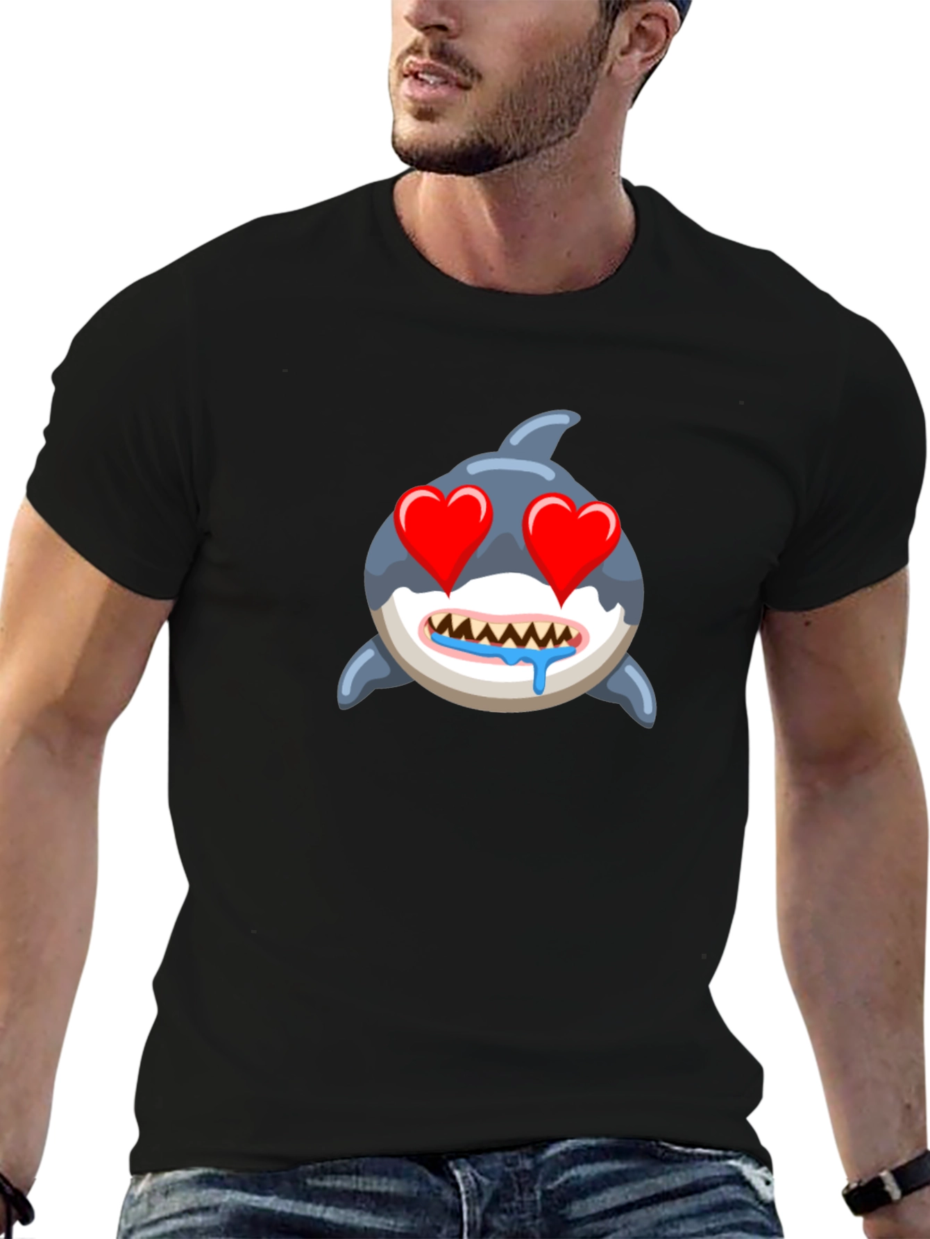 Black Shark Emoji T-Shirt with Heart Eyes - Black view 6