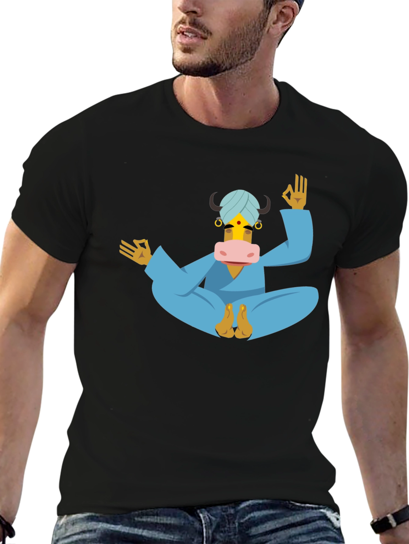 Black Yoga Cow T-Shirt - Meditating Bull Tee view 6