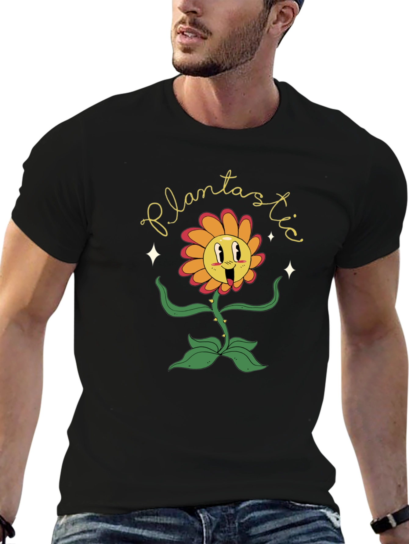 Black Plantastic Graphic Tee - Trendy Cartoon Flower T-Shirt view 6