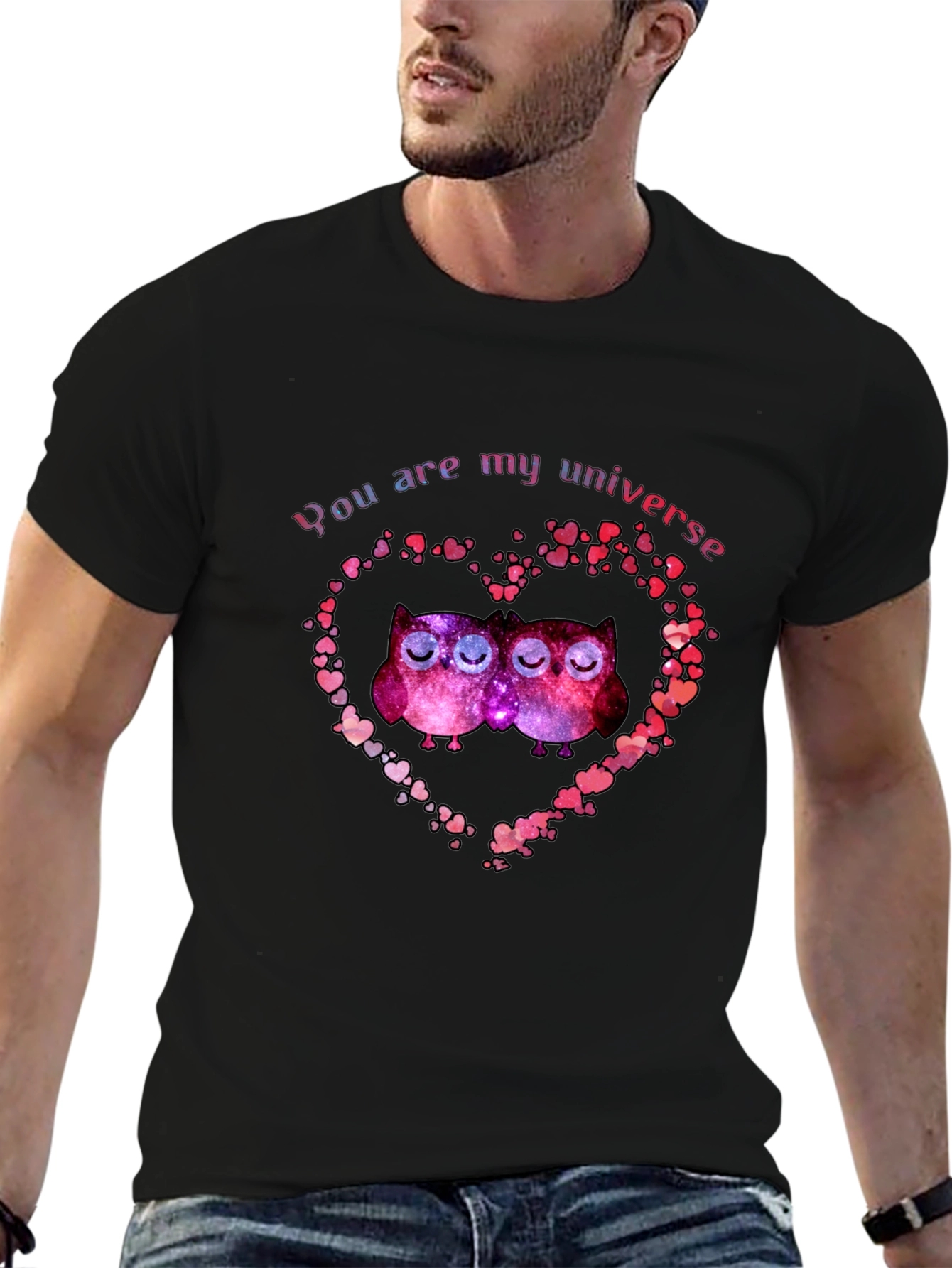 Black You Are My Universe Owls Heart T-Shirt view 6