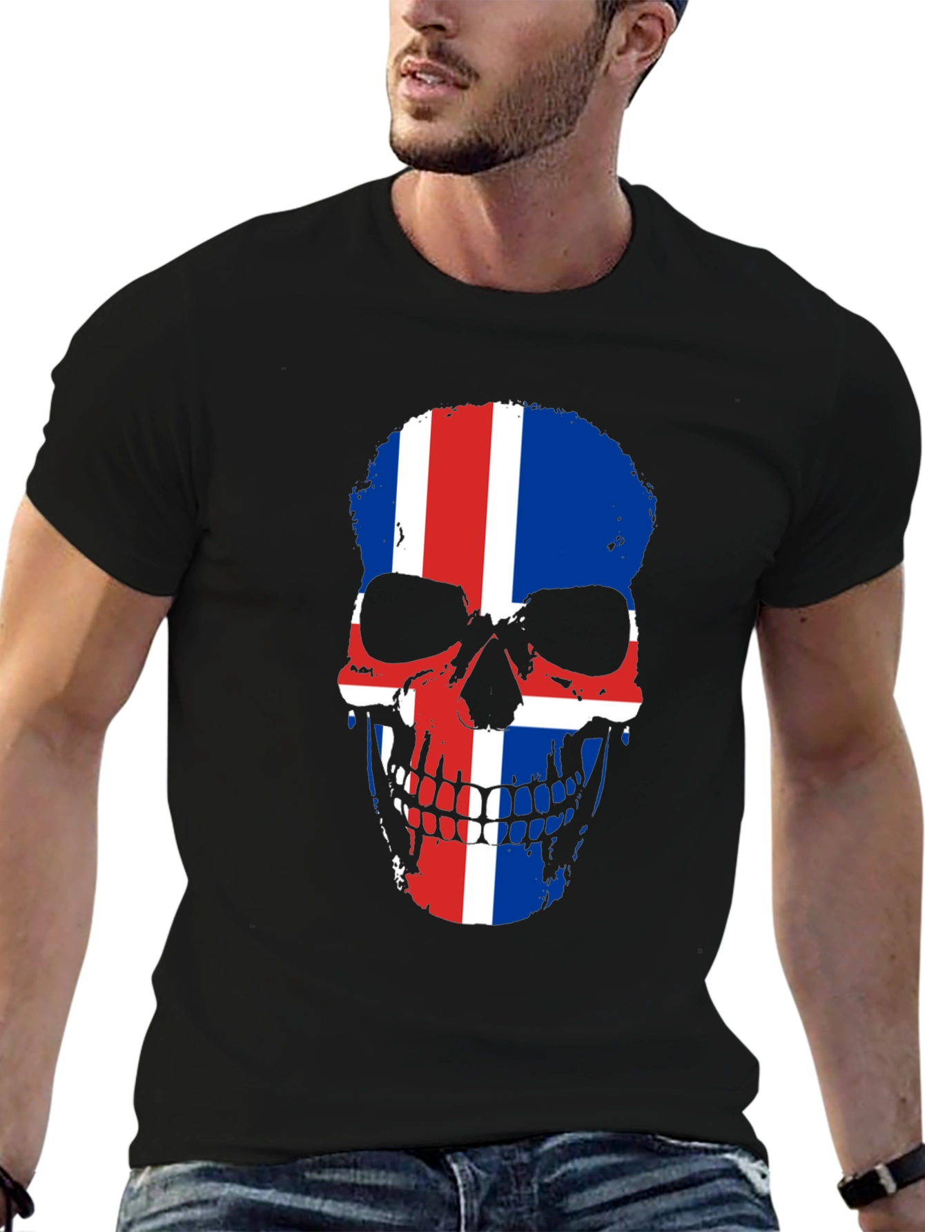 Black Iceland Flag Skull Graphic Tee - Black Cotton Shirt view 6
