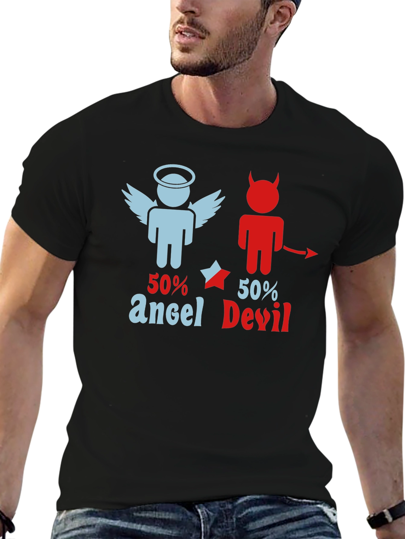 Black 50% Angel 50% Devil Graphic Print T-Shirt view 6