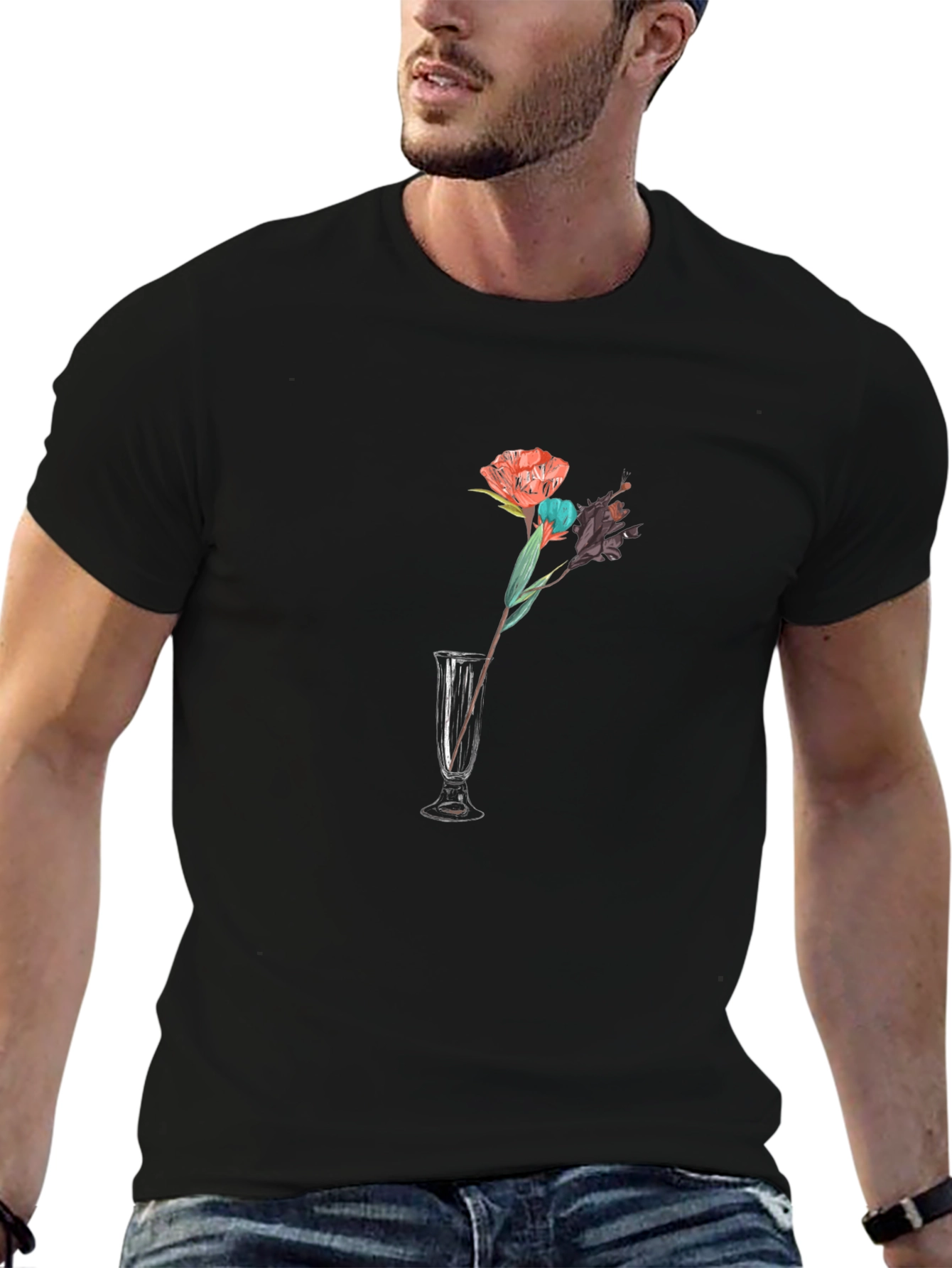 Black Floral Vase Graphic Tee - Black Cotton T-Shirt view 6