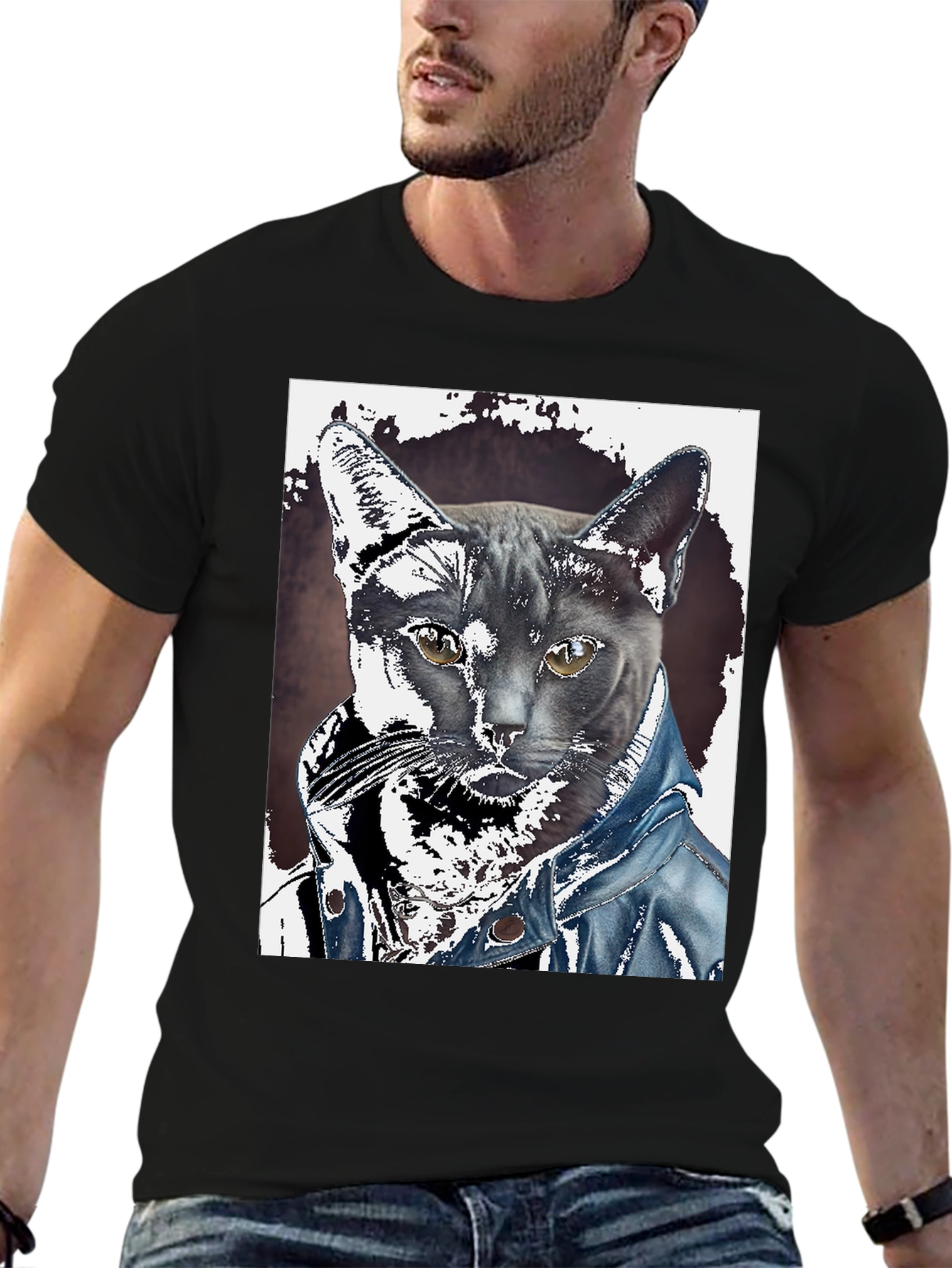 Black Cat in Denim Jacket Graphic Tee - Unique Print view 6