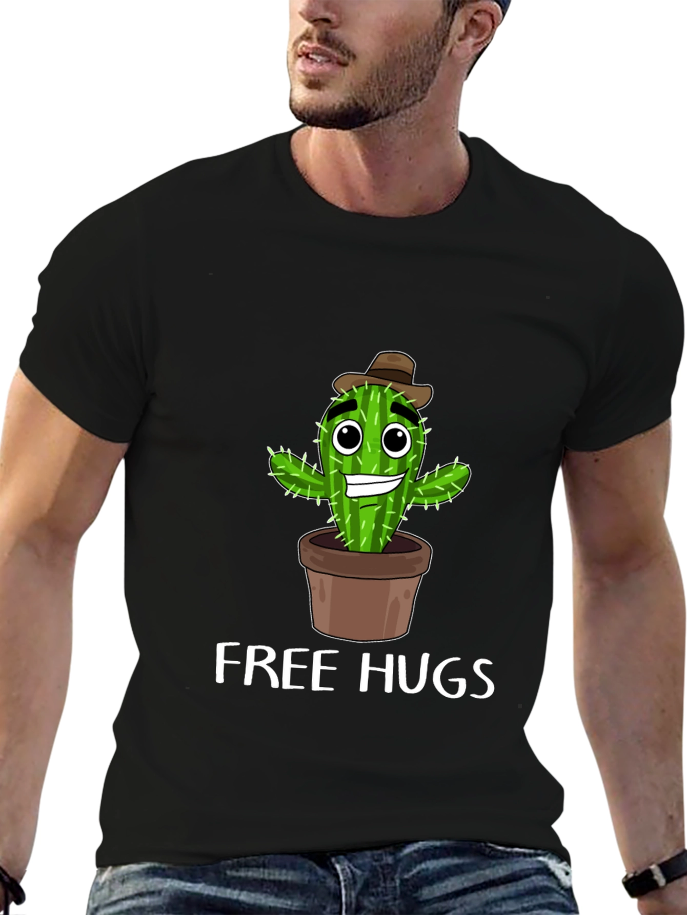 Black Free Hugs Cactus T-Shirt Funny Graphic Tee view 6