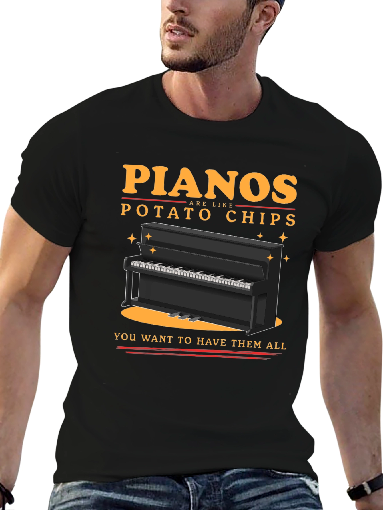 Black Piano Potato Chips Graphic T-Shirt - Musician Humor Tee view 6
