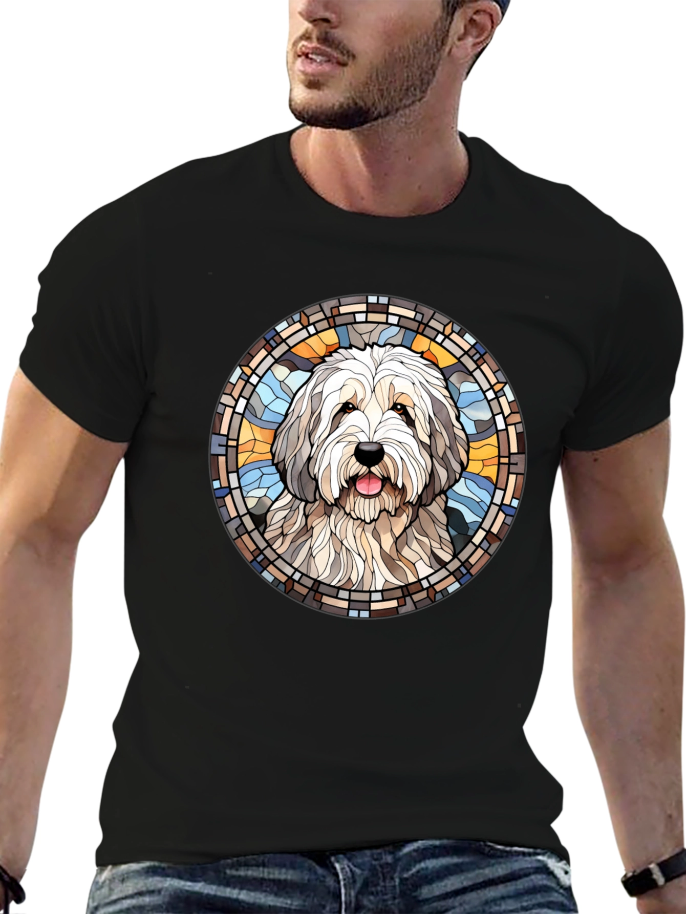 Black Dog Portrait Stained Glass Style Tee view 6