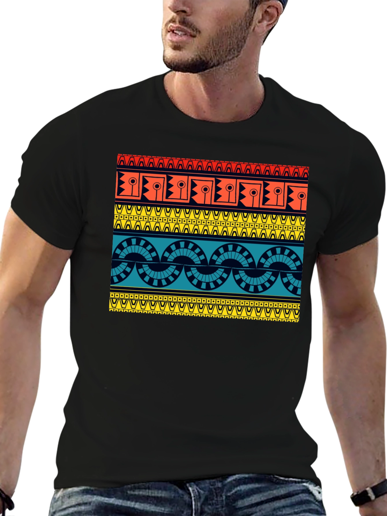 Black Geometric Aztec Pattern Black T-Shirt view 6