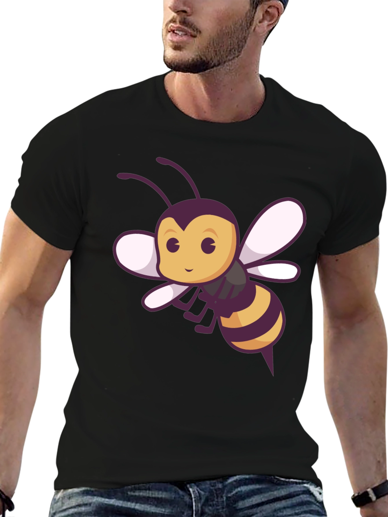 Black Cute Bee Graphic Tee - Black Cotton T-Shirt view 6