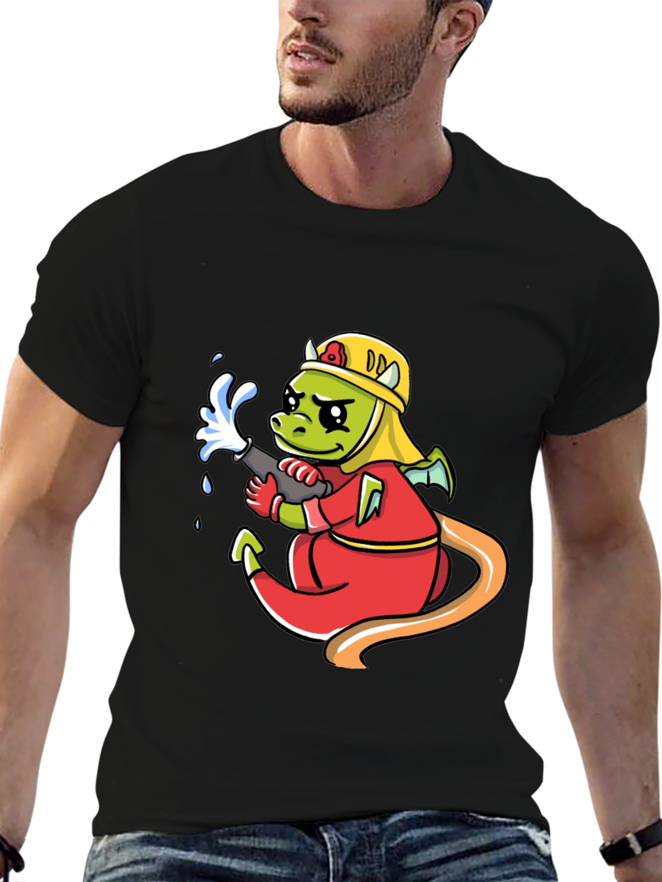 Black Cartoon Dragon Firefighter Graphic T-Shirt view 6