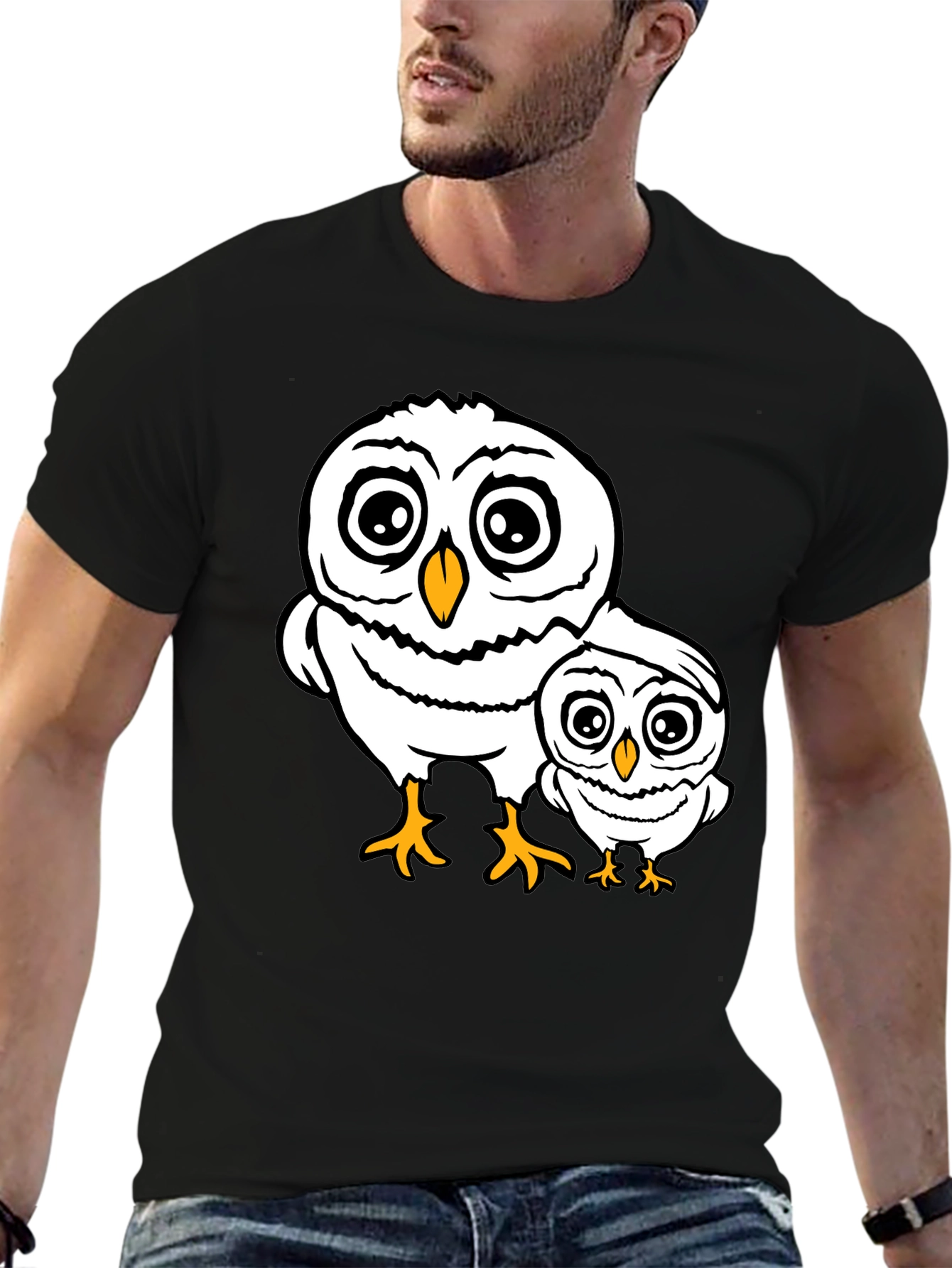 Black Cute Owl Family T-Shirt - Black Cotton Tee view 6