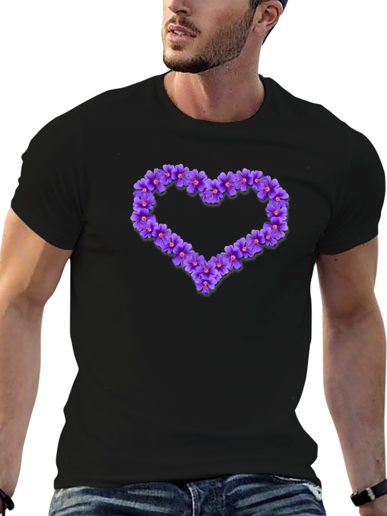 Black Floral Heart Graphic Tee - Stylish Men's Black T-Shirt view 6